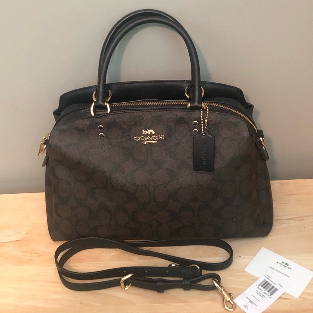 Coach Signature Canvas Lillie Carryall Crossbody Satchel Bag Brown/Black 91495